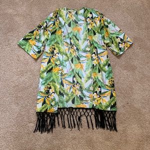 ANANDA’S COLLECTION Tropical Banana Leaf Floral Tassel Fringe Swim Cover Up